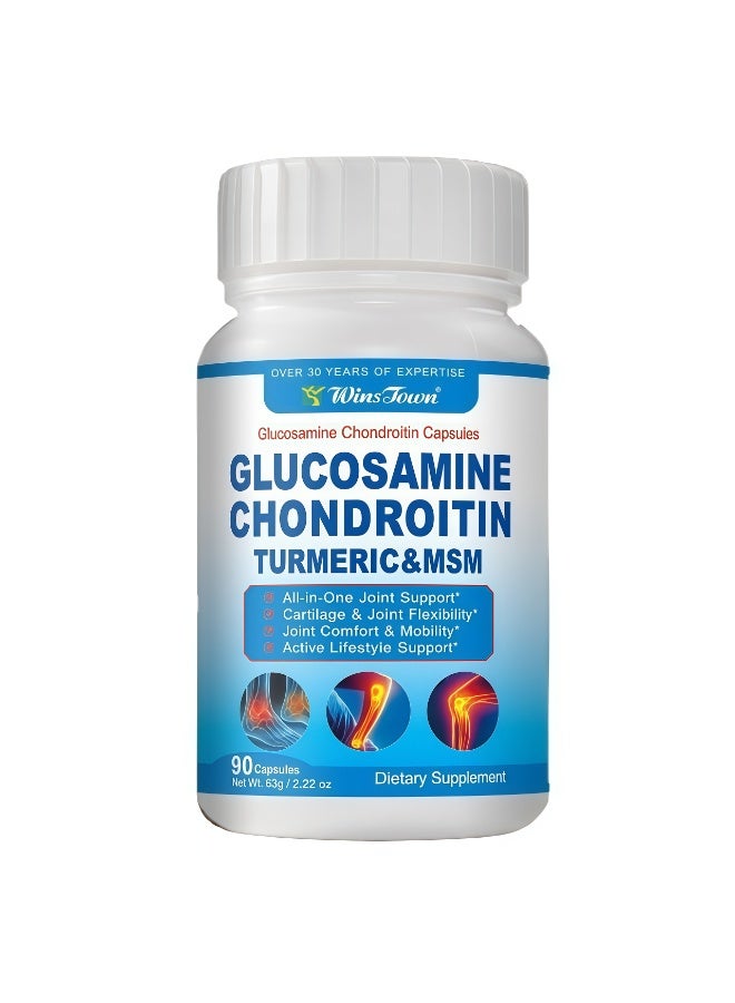 WinsTown Glucosamine Chondroitin Turmeric MSM Capsules - One-Stop Joint Care Dietary Supplement (90 Capsules) - Image 1